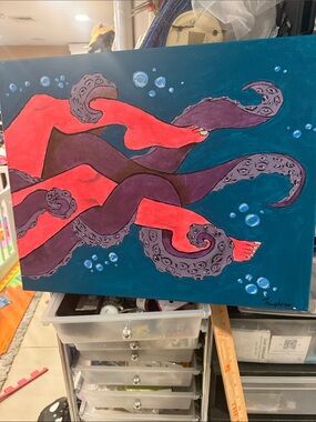 Hand-Painted Octopus Tentacles Canvas Art in Purple & Red